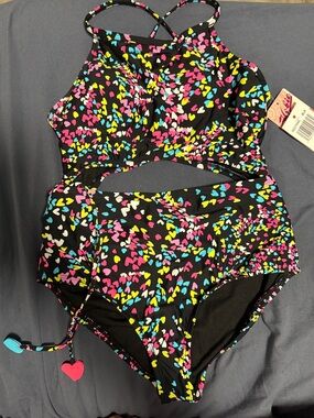 Black Cutout swimsuit with Neon Heart Print